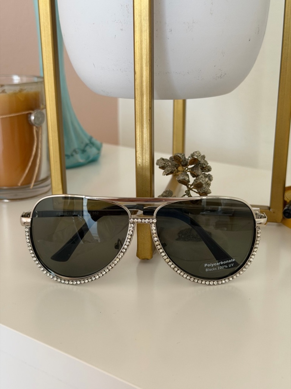 Silver Rhinestone Aviator Sunglasses – Dark Tint – Brand New